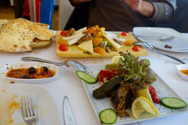 cheese plate, bread, olives, dolmas