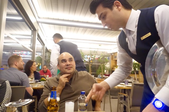 mustafa "moosty", our favorite waiter, explaining how to drink raki, the national liquor