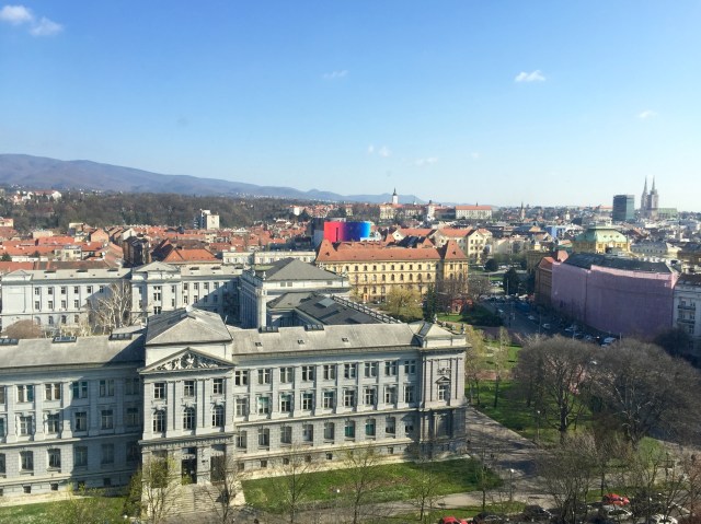 view of Zagreb from my hotel room - mimara museum in foreground, cathedral in distance